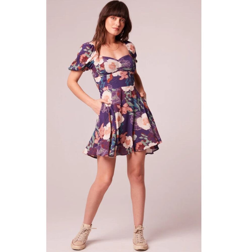 BAND OF THE FREE AIMEE PURPLE FLORAL PUFF SLEEVE MINI DRESS S NEW - Picture 5 of 8